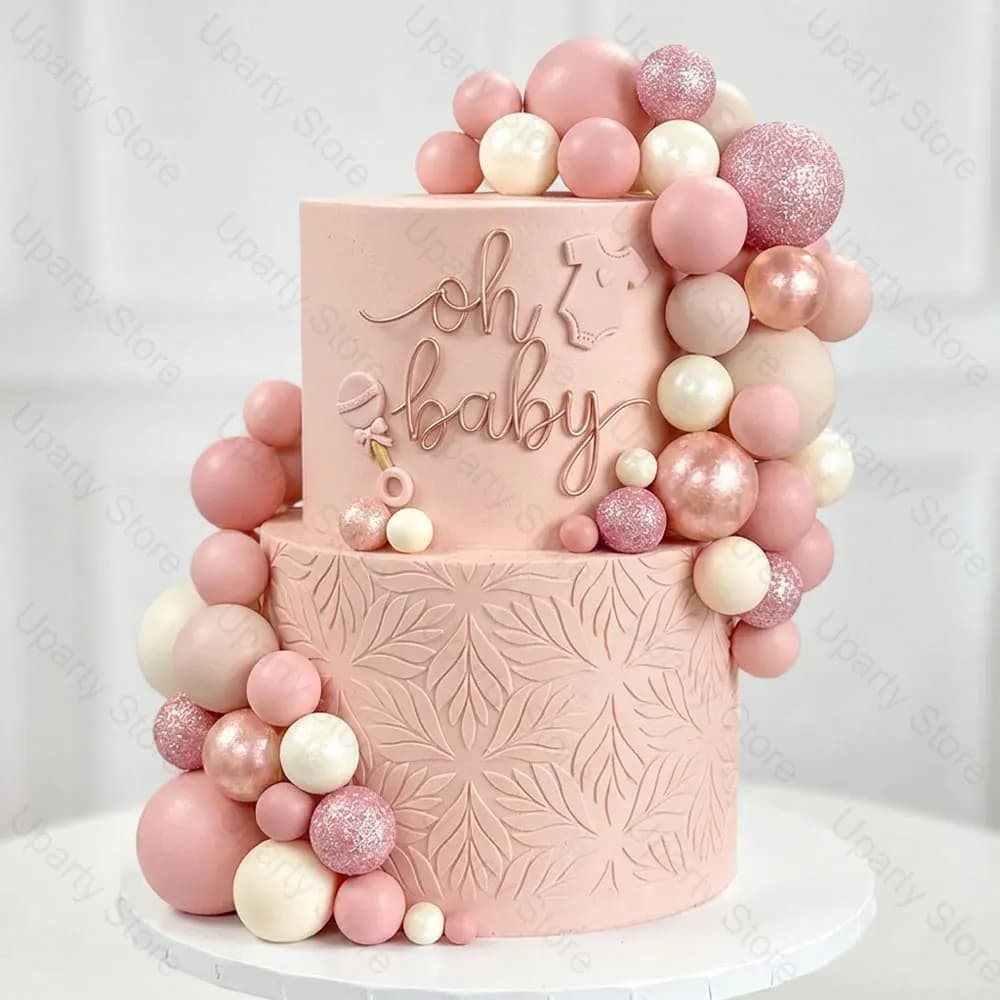 55 Pezzi Decorazioni per Torte a Forma di Sfera Rosa, Glitter Oro Rosa, Rosa Chiaro per Compleanni, Baby Shower, Matrimoni