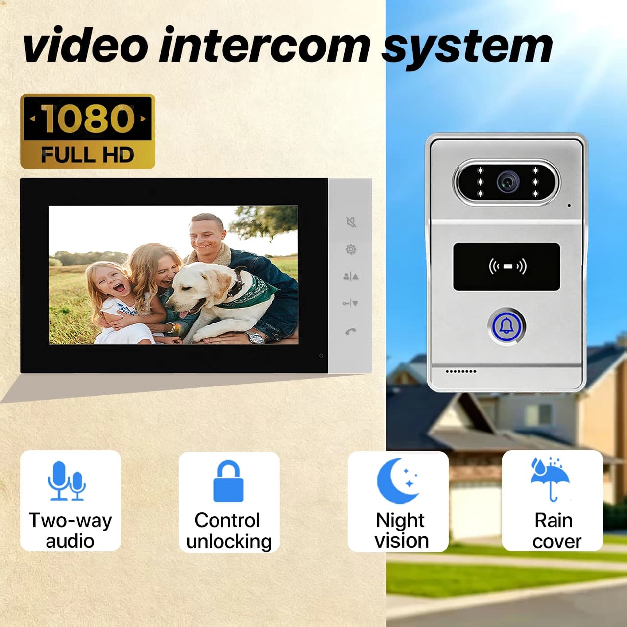 HD 7-Inch Wired Video Door Phone Intercom with 1080P AHD Camera RFID Access Control Waterproof Home Security Video Doorbell Inte