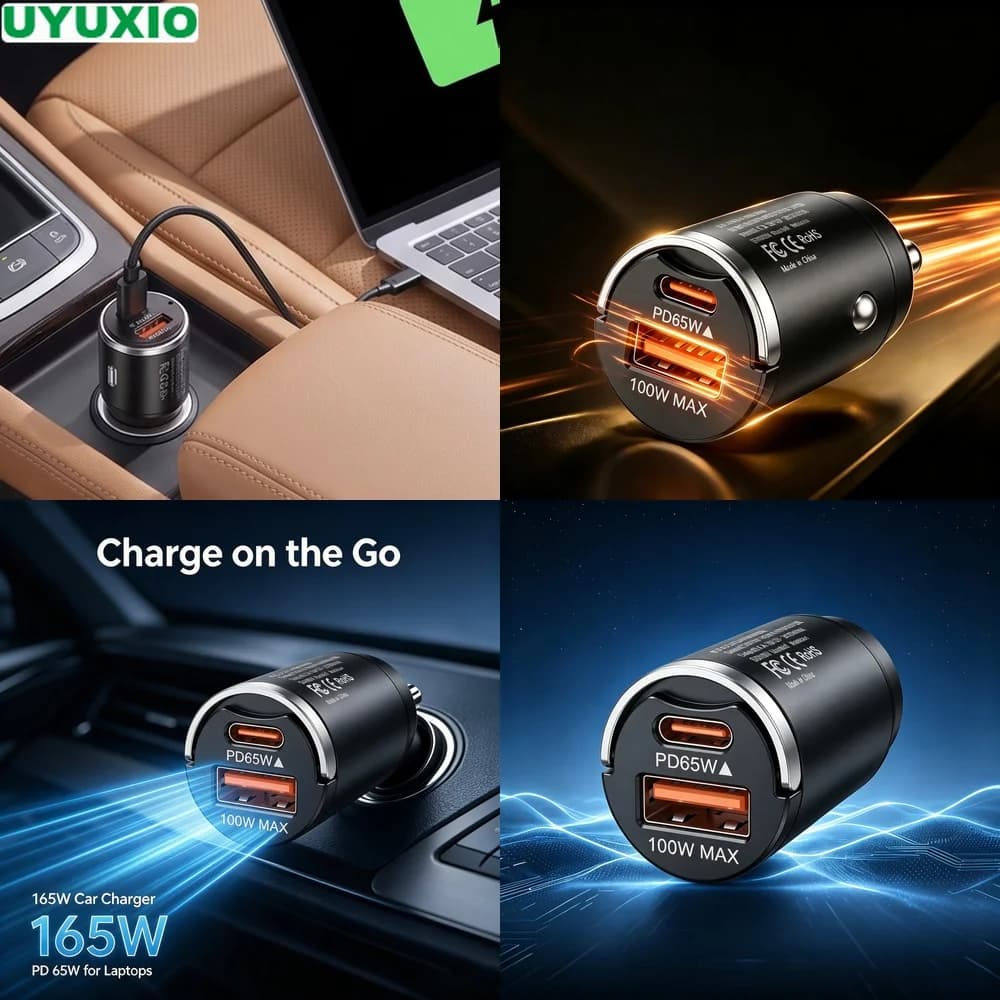 165W High Power Car Charger PD 65W USB C and 100W USB A Charging Compact Zinc Alloy Metal Body for Road Trips and Daily Driving