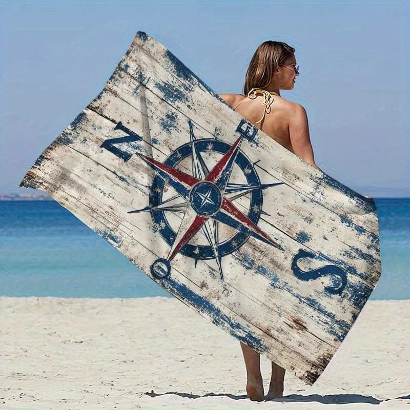 Asciugamano da spiaggia extra large da 1 pezzo, confezione famiglia, asciugamano da spiaggia con stampa bussola blu vintage, regalo da viaggio essenziale per le vacanze, leggero
