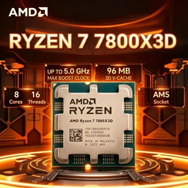 Processore Desktop AMD Ryzen 7 7800X3D, Zen4 5nm 8C16T 5.0GHz 96MB 3D V-Cache AM5 120W, Grafica Radeon, Processore per Gaming