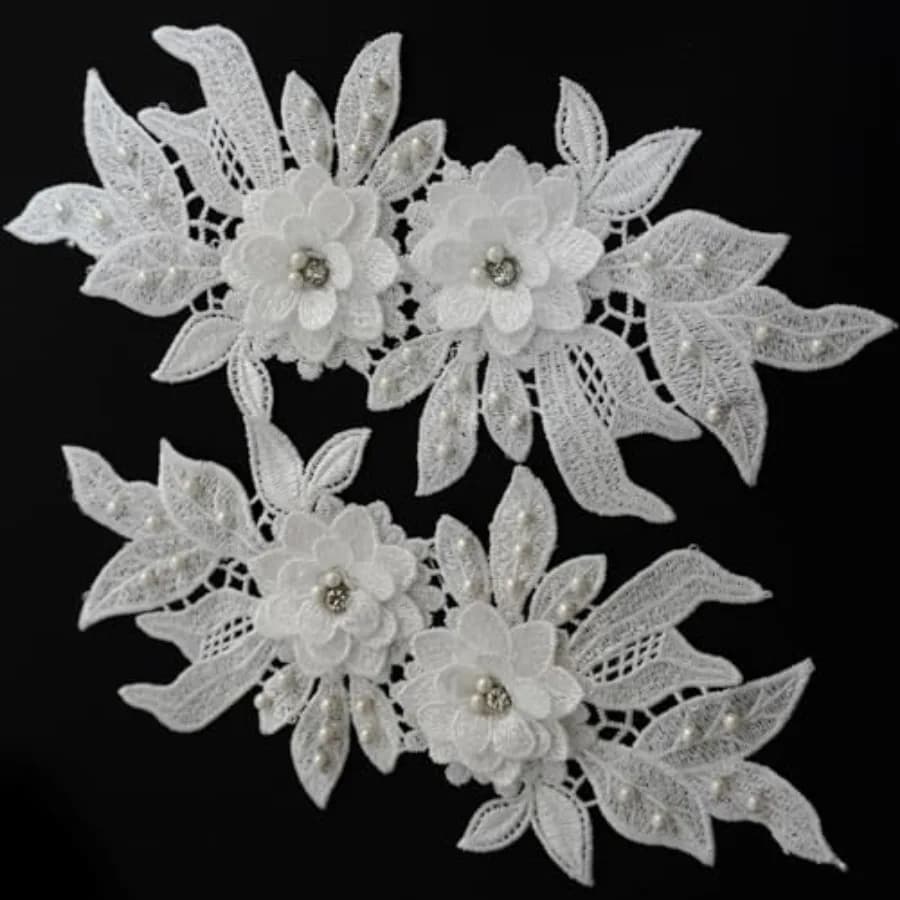 2 Pieces 3D Lace Beads Flower Embroidered Patches Pair of Sequin Lace Sewing On Appliques for Wedding Dress Collar Decor DIY Cr