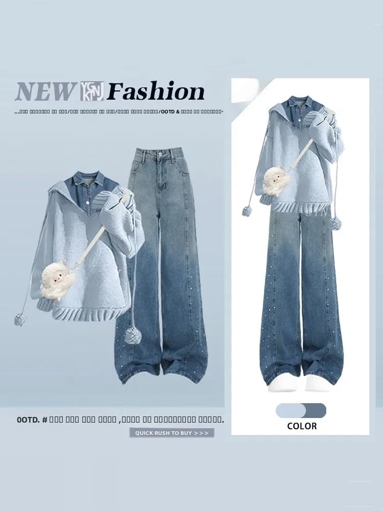 Set Tre Pezzi da Donna: Maglione Blu Lavorato a Maglia, Pantaloni Lunghi a Vita Alta in Tinta Unita e Cappello