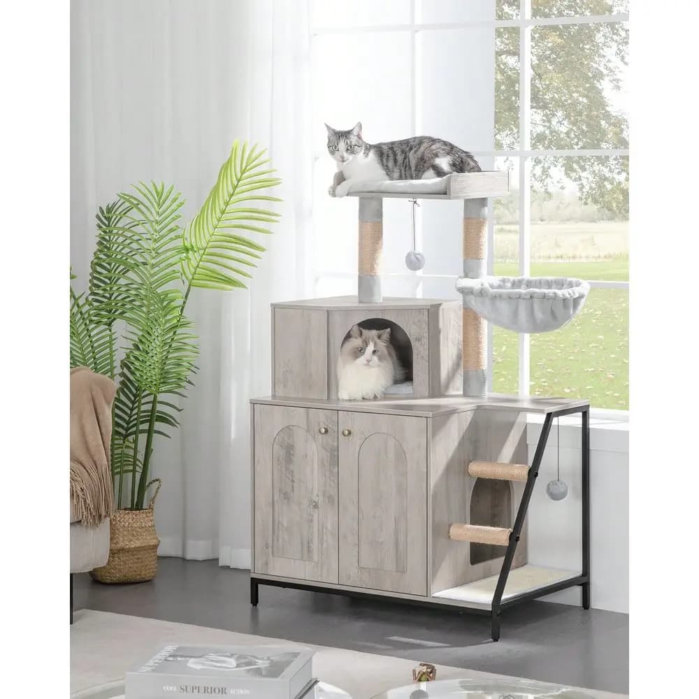 Casetta per Gatti 4-in-1 Moderna con Tiragraffi, Piattaforma Grande, Tappeto in Sisal e Posti per Tirare i Punteggiole, con Recinto per Lettiera e Tiragraffi a Forma di Albero