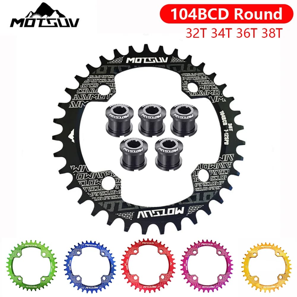 MOTSUV corona larga stretta 104 BCD con bulloni 32/34/36/38T anello catena MTB rotondo coroa 104bcd 38 36 denti 8v 9v 10v 11v 12v