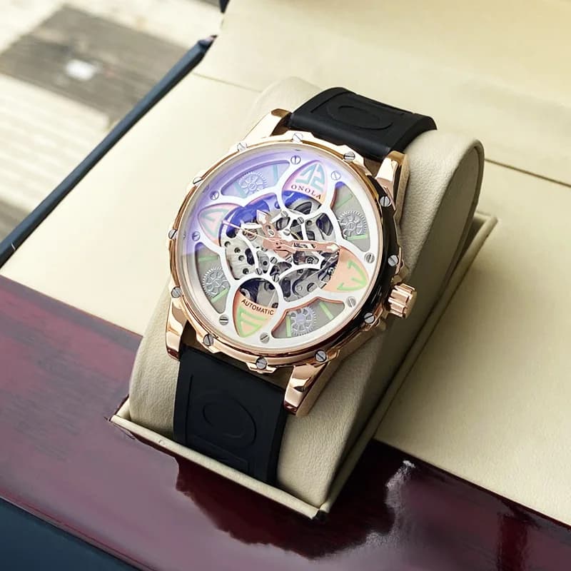 ONOLA orologi meccanici automatici per uomo Lucky Grass Luxury Hollow Out Dial Glow orologio meccanico da uomo con cinturino in Silicone impermeabile