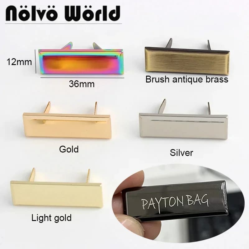 50-100 pezzi, laser incidi la tua marca sull'etichetta, etichette per etichette rettangolari in metallo per artigianato da cucito, etichette in metallo arcobaleno per borse da cucire