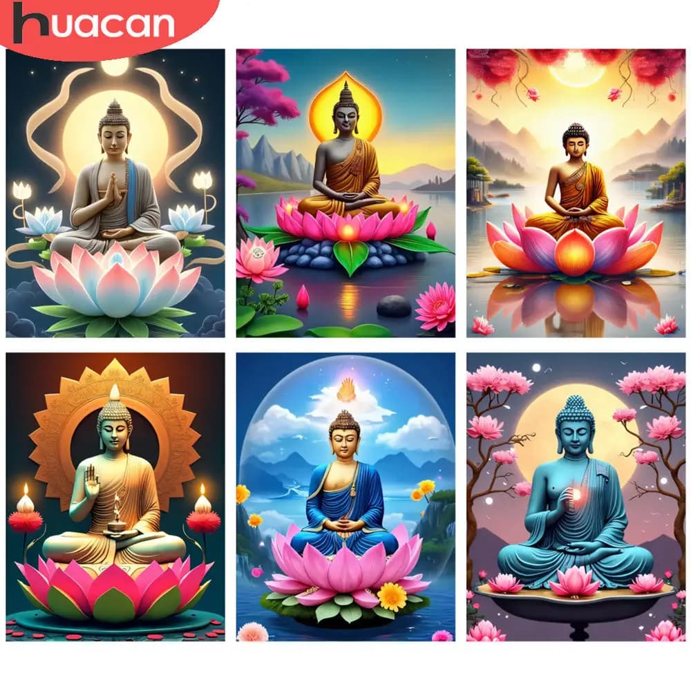 HUACAN Full Kits Diamond Painting Buddha Meditative Lotus Blossom Spiritual 5D Diamond Embroidery Kits DIY Art Rhinestone Decor