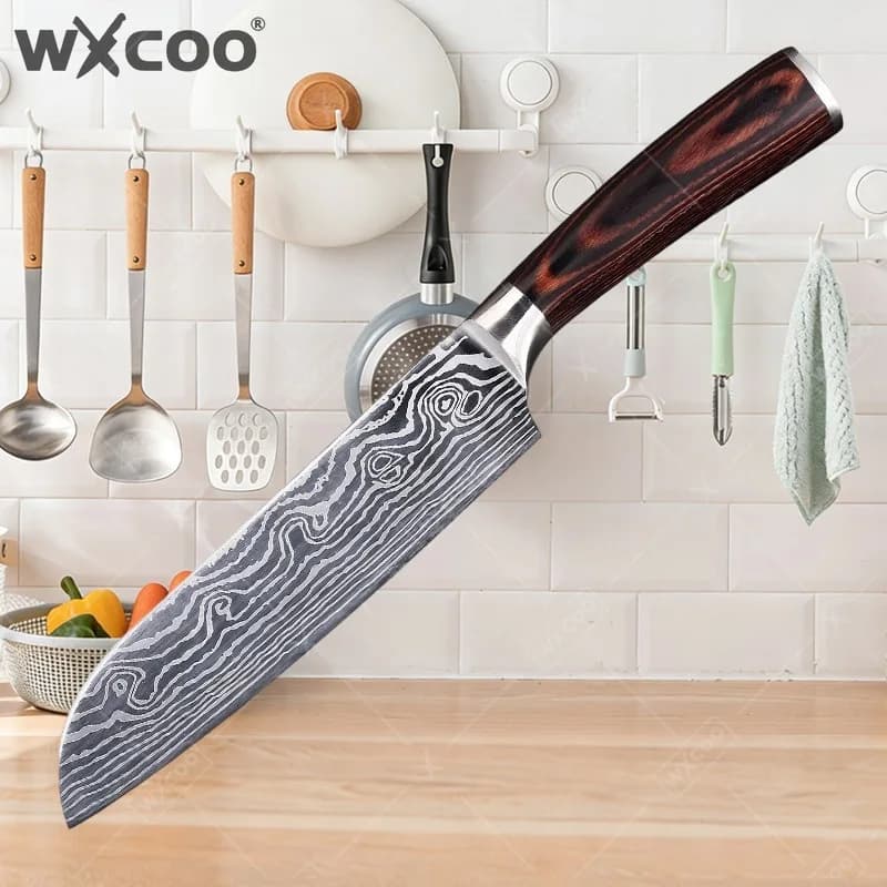 WXCOO Coltelli Professionali da Cucina in Acciaio al Carbonio Giapponese Chef Santoku con Manico Ergonomico e Accessori