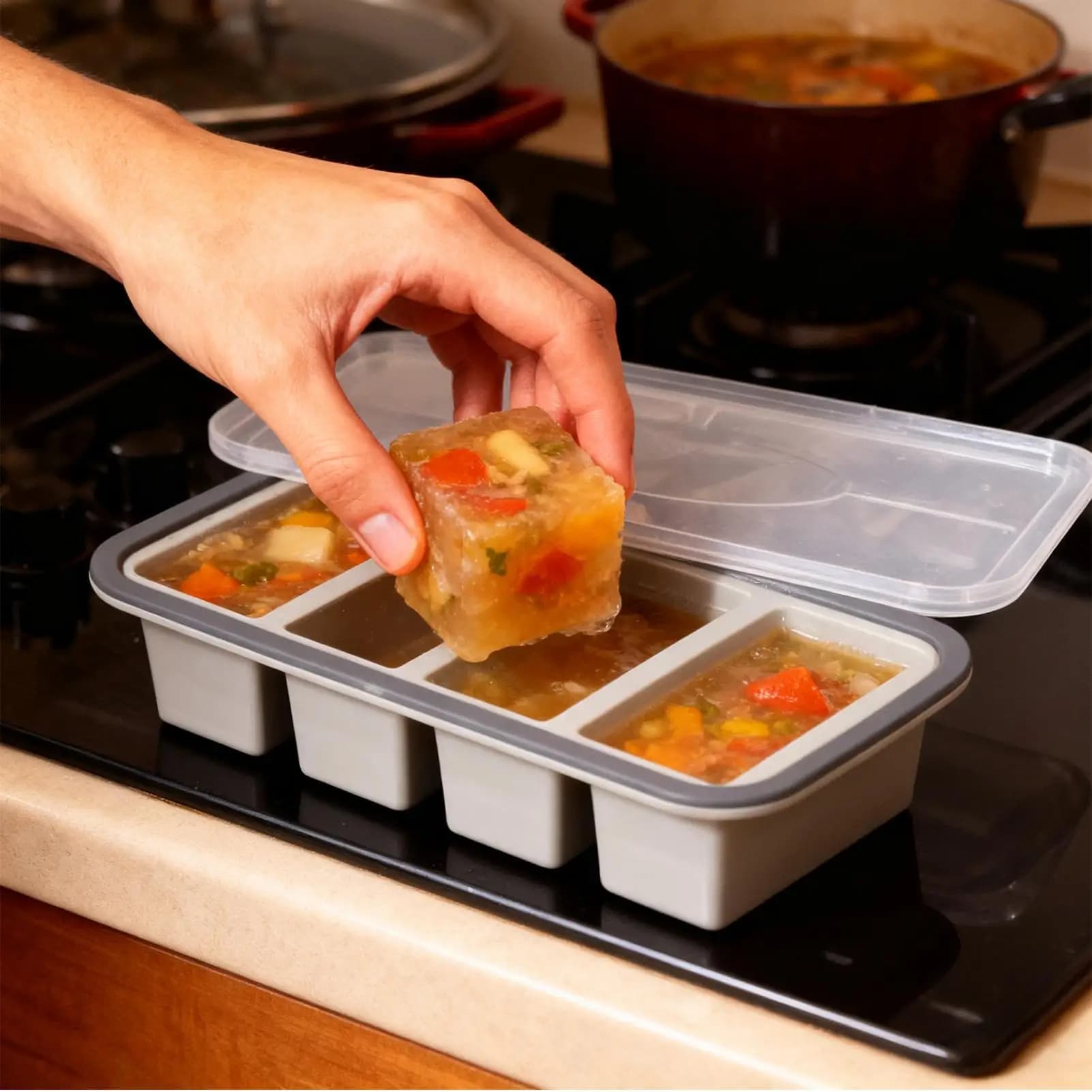 Stampo per Cubetti di Ghiaccio Giganti in Silicone con Coperchio, Contenitore per Conservazione Alimenti, Stampo da Forno, Utensile da Cucina