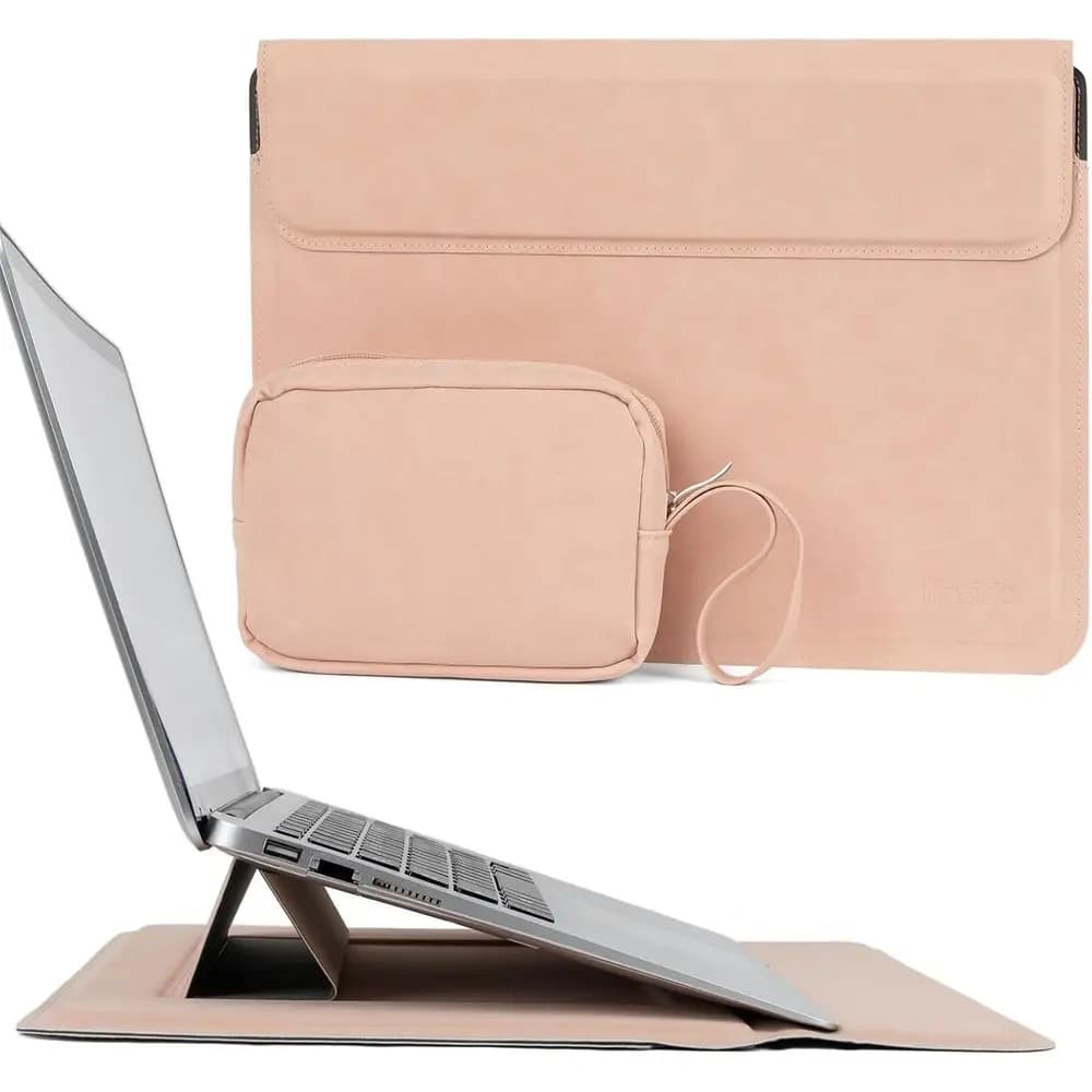 14 Laptop Sleeve - Waterproof Matte Leather with Stand & Pouch, Pale Pink