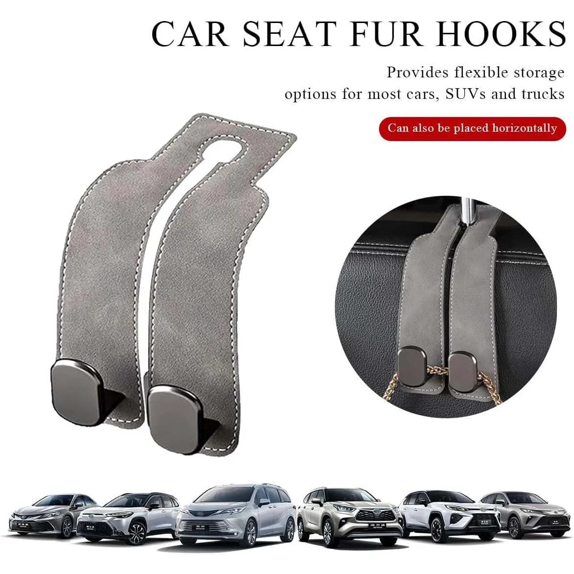 Car Hooks for Headrest 1Pack, Car Seat Back Storage Hook, 2 in 1 Headrest Hooks for Purses and Bags, Leather Car Headrest Hanger with Metal Hooks, Double Headrest Hooks Mobile Phone Holder (Gray)