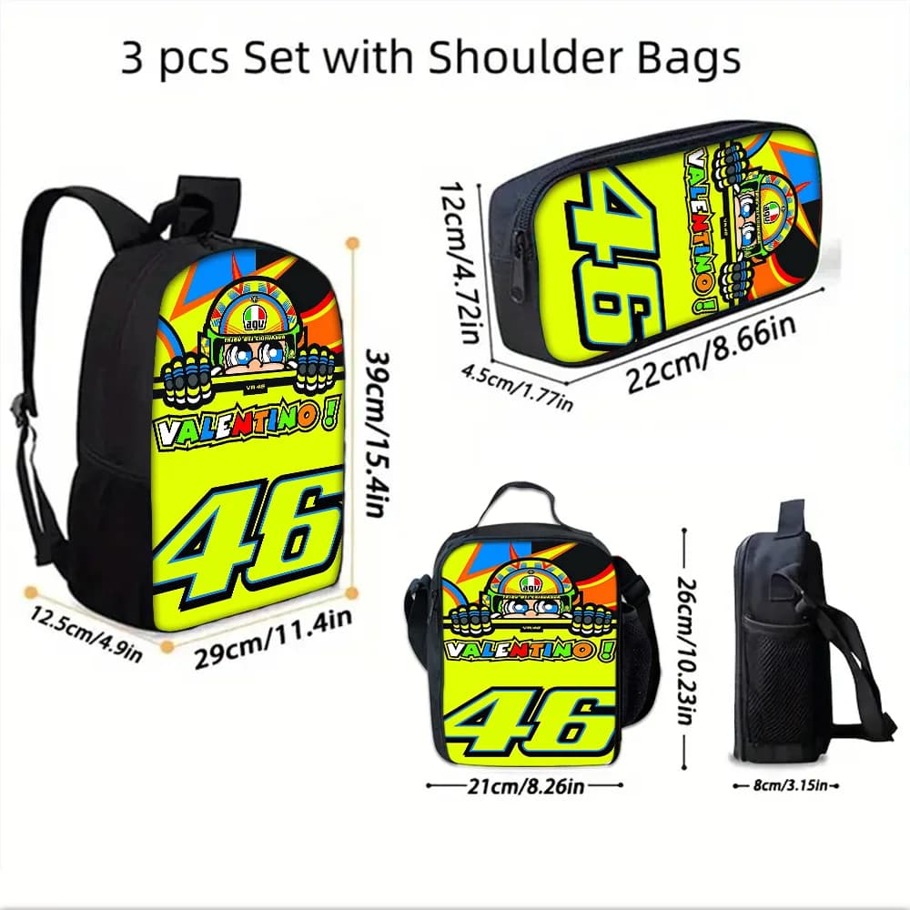 Motorcycle racer #46 Child School Backpack with Lunch Bags ,Pencil Bags ,School Bags for Boys Girls Best Gift