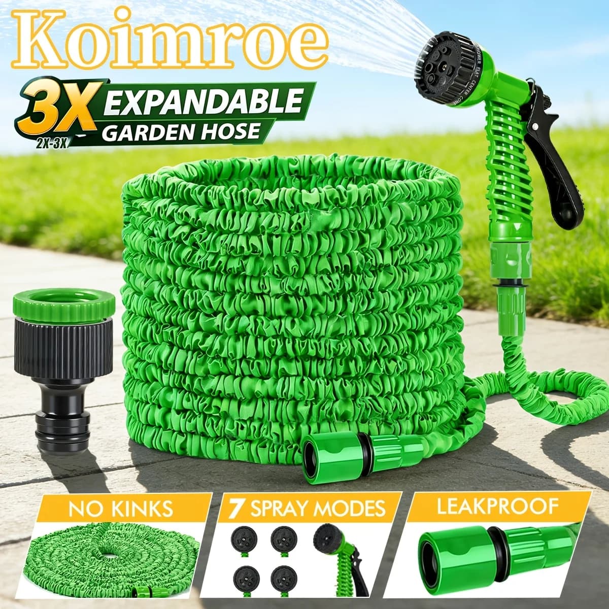 Green Expandable Garden Hose 15.2–61m, 7-Pattern Spray Nozzle, Flexible Lightweight Water Pipe