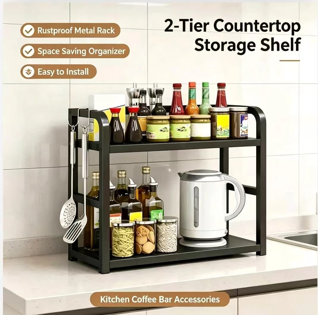1pc 2-Tier Rustproof Metal Countertop Shelf, Space Saving Kitchen Organizer Rack For Coffee Mugs & Condiments