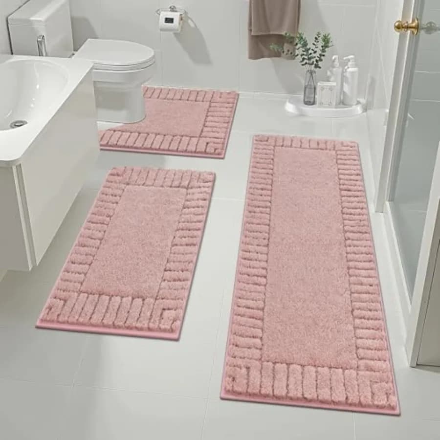 Set di Tappetini da Bagno 3 Pezzi, Tappetini per Doccia con Tappetino Toilette Sagomato a U, Tappetini da Bagno Assorbenti in Microfibra Peluche Antiscivolo