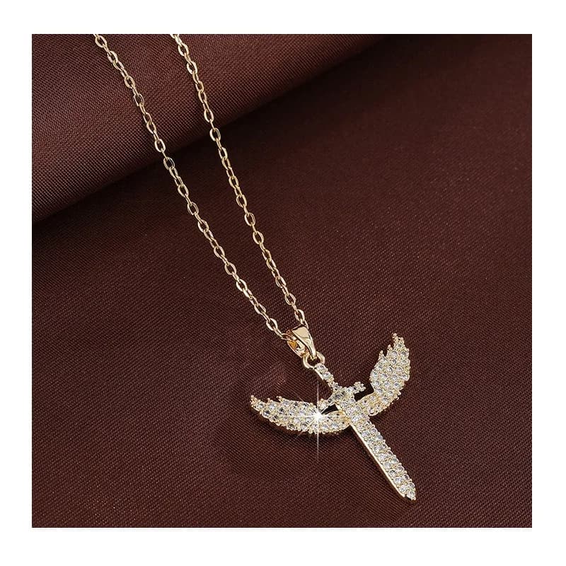 Large Winged Anka Cross Pendant, Hip-Hop Accessory, Copper Inlaid Zircon with Wings, Cross Necklace for Women