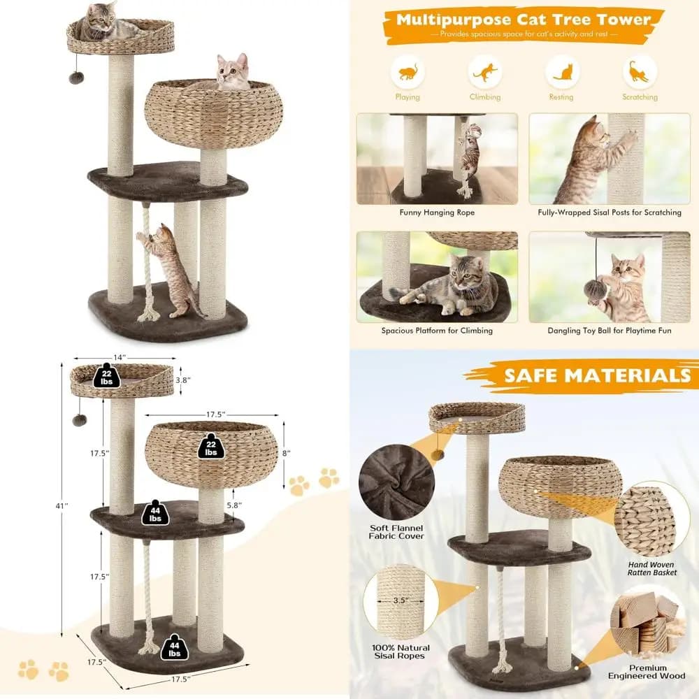 Torre per gatti da interno con tiragraffi in sisal naturale, condominio per gatti in vimini fatto a mano per gatti piccoli ad alti, design moderno per felini