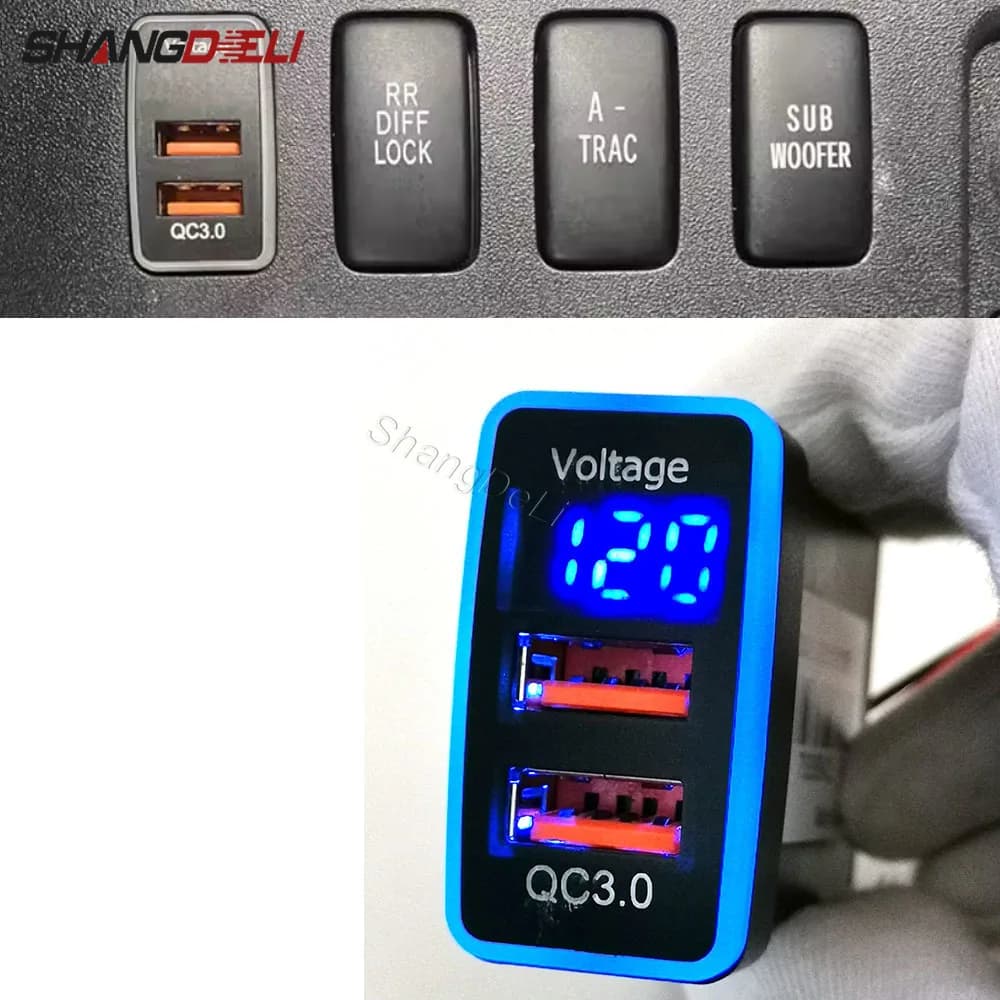 1PC Auto Light Blue USB Charger QC3.0 Charging Adapter with Tension Display for Toyota FJ CRUISER PRADO 120