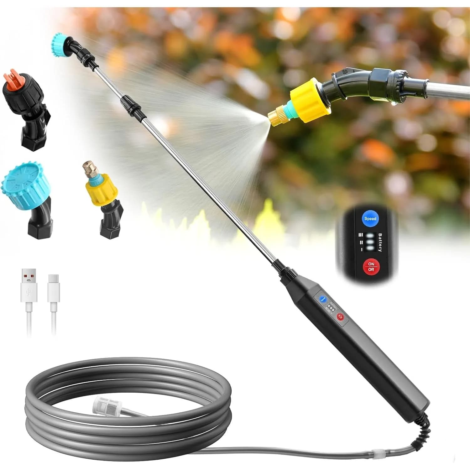 Spruzzatore a Batteria 23.6 Pollici con 3 Livelli di Spruzzatura, Tubo da 16.4 Piedi, 3 Ugelli per Prato e Giardino