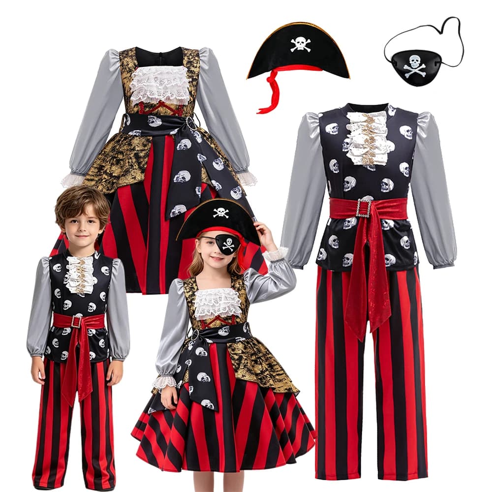 Kids Pirate Costume Set Girls Red‑Black Striped Gown Boys Skull Vest Pants for Halloween Cosplay Birthday School Carnival Party