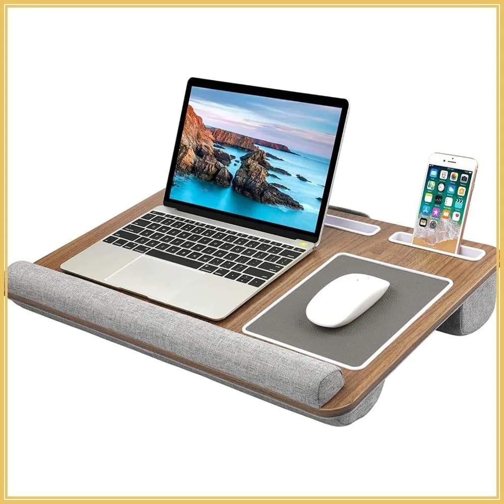 Supporto per laptop fino a 17 pollici, tappetino per mouse integrato e supporto per polso, supporto per tablet, penna, telefono - Finitura effetto legno