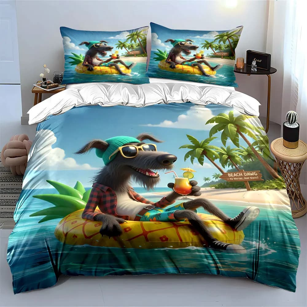 Relaxed Dog Under Palm Trees Printed Duvet Cover Set 1 Duvet Cover+2 Pillowcase Multi Size Bedroom Bedding Decoration