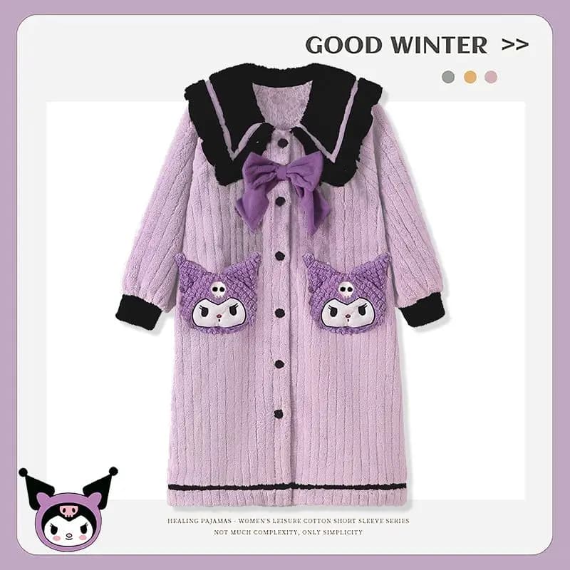 Girls Kuromi Sailor Collar Fleece Bathrobe with Bow Ribbed Plush Cartoon Pocket Robe Cute Warm Winter Sleepwear Home Loungewear