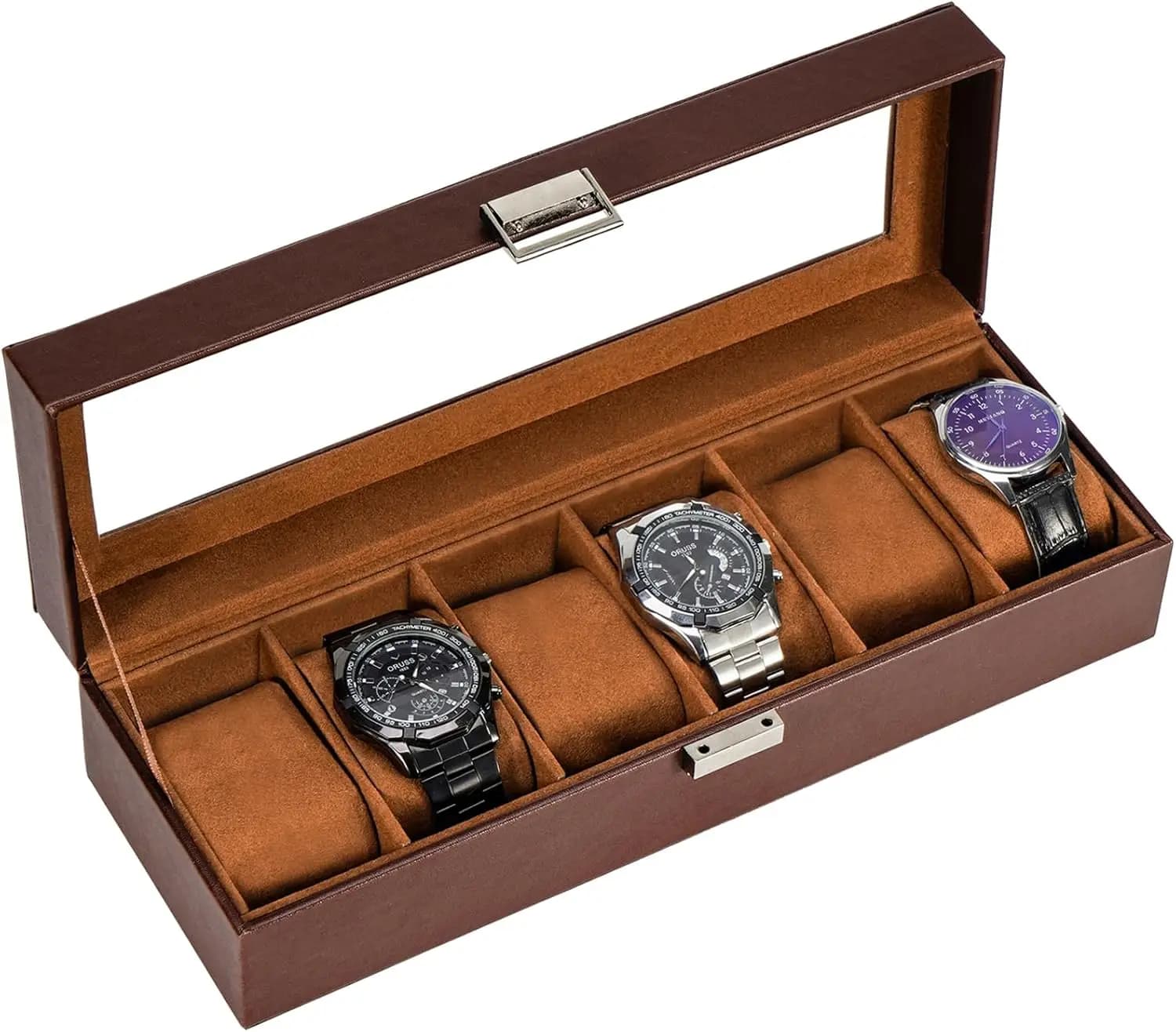 6 slot watch box with glass lid, Espresso - Organizer for men and women watches, gift idea for birthday, anniversary, Christ
