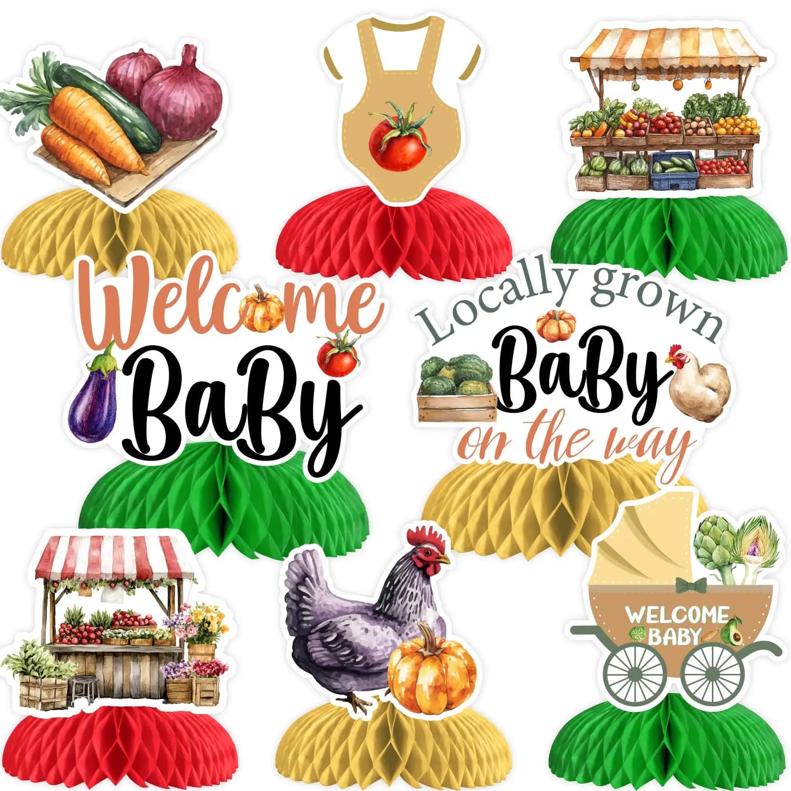 1Set Locally Grown Baby Shower Decoration 8pcs on The Way Honeycomb Centerpiece Farmers Market Oil Paint Style Table for