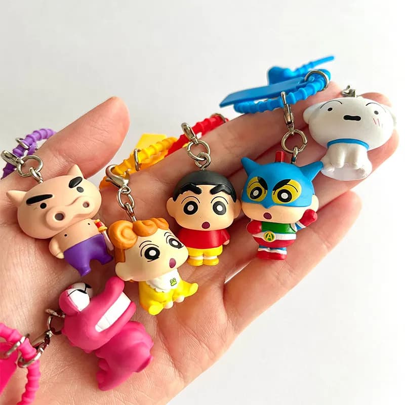 Bandai Gashapon Crayon Shinchan: Ciondolo a forma di fascetta fermacavo, organizer per cavi, Buriburi Zaemon, Shiro Action Kamen, Himawari
