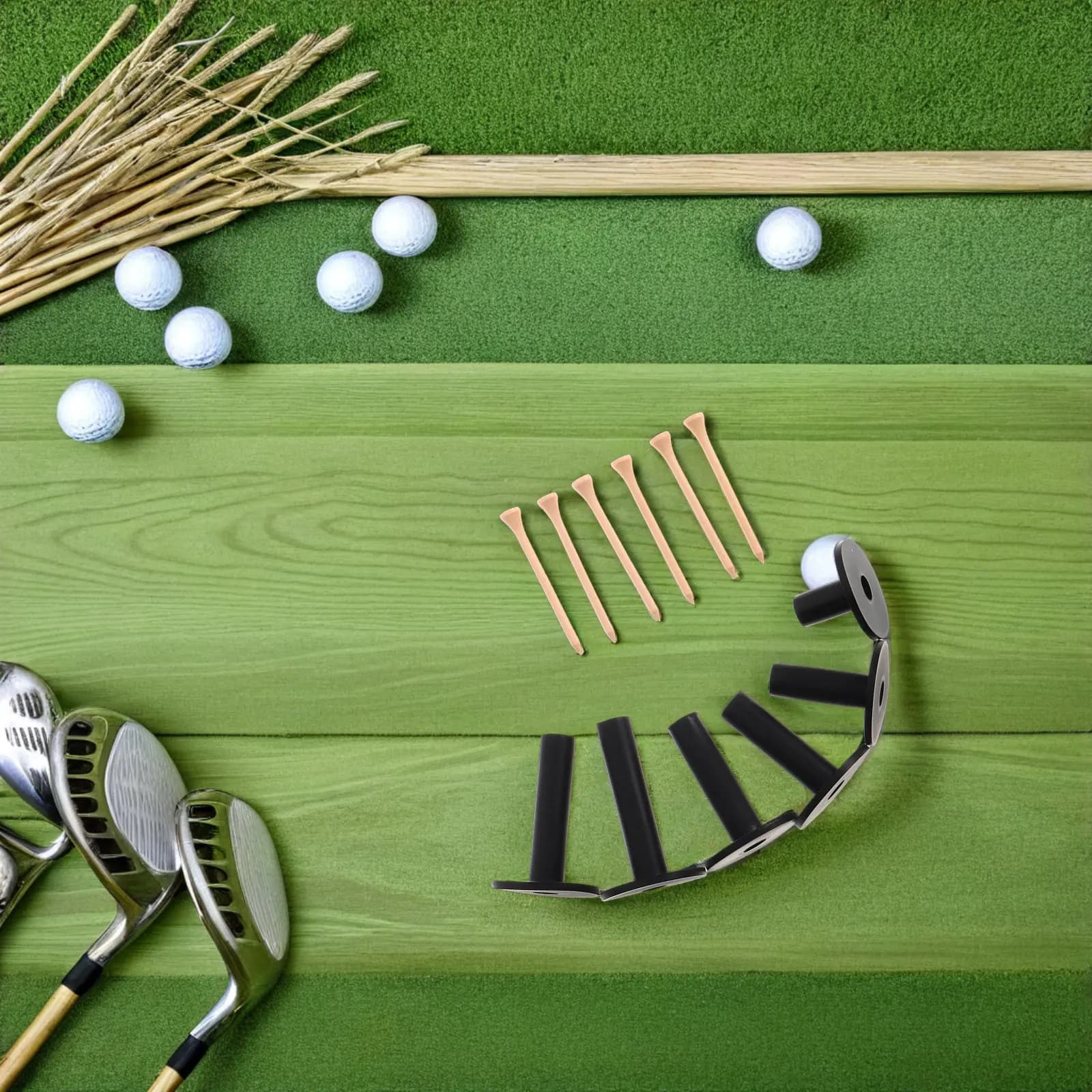 Kit 6 Pezzi Tee da Golf con Base in Gomma e Chiodi in Legno, Altezze 35 54 65 70 75 83mm, Neri, per Tappetini da Pratica e Simulatori di Campo Pratica