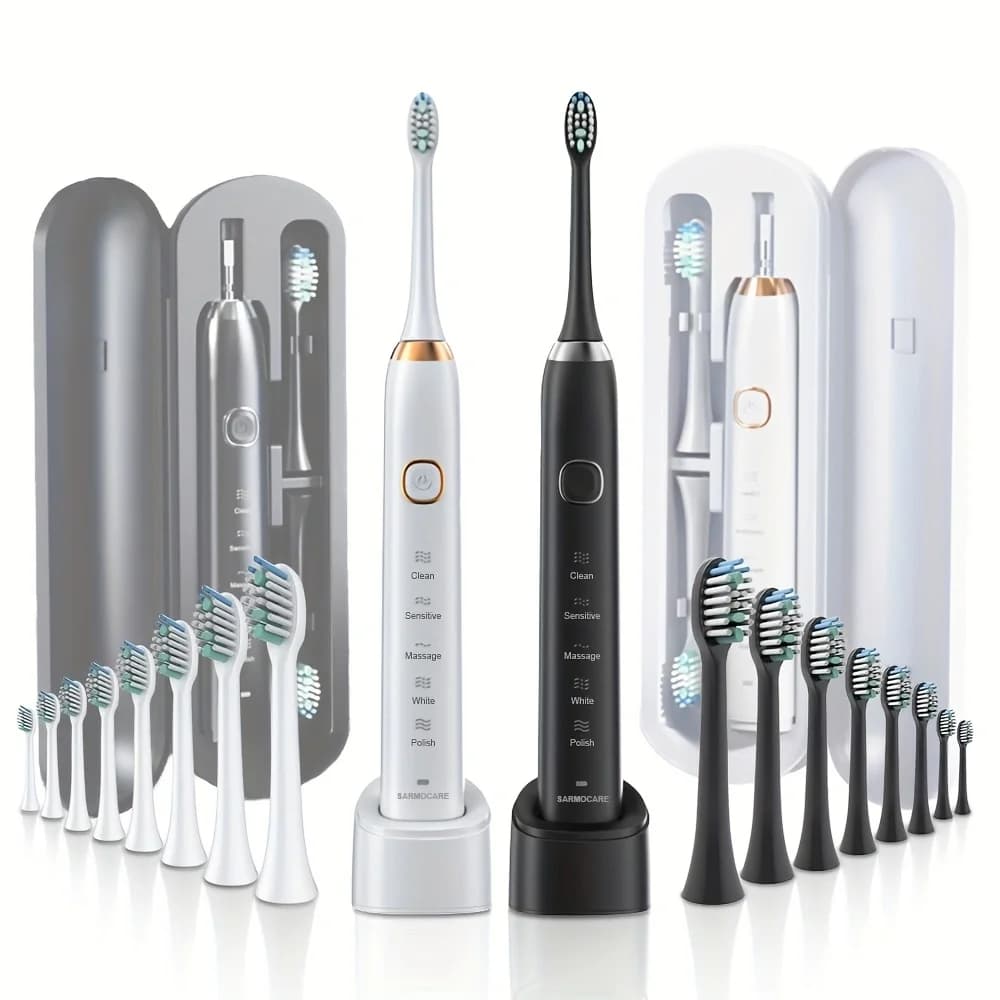 The electric toothbrush comes with heads A rechargeable portable electric toothbrush with support and travel case