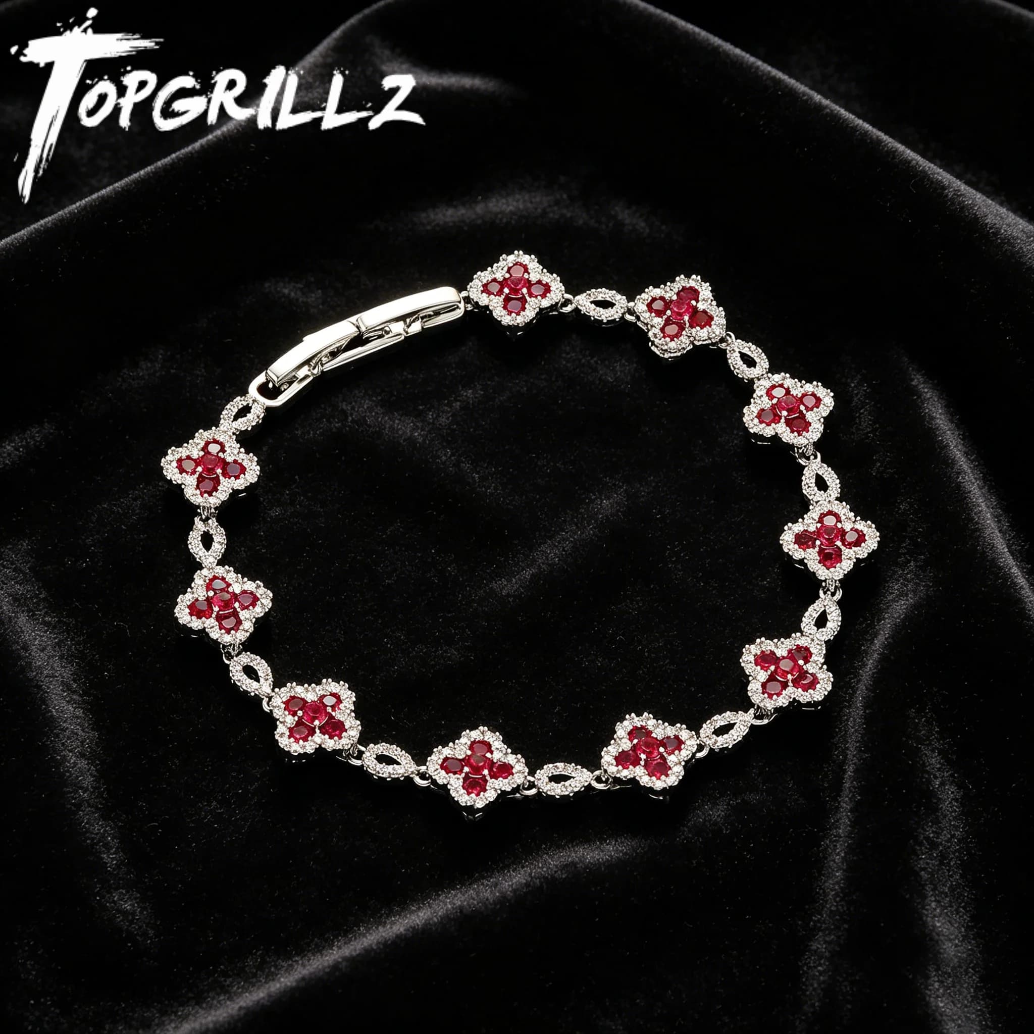 TOPGRILLZ French Luxury Platinum Plated Copper Y2K Four Leaf Clover Bracelet Wine Red CZ HipHop Jewelry Party Gift For Men&Women