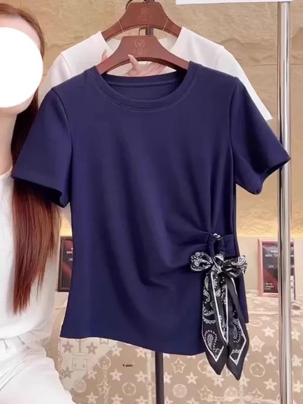 Korean Style plus Size T-Shirt Women's Summer Slimming Design Sensation Scarf Belted Short Sleeve Top Creative Pattern Commut...