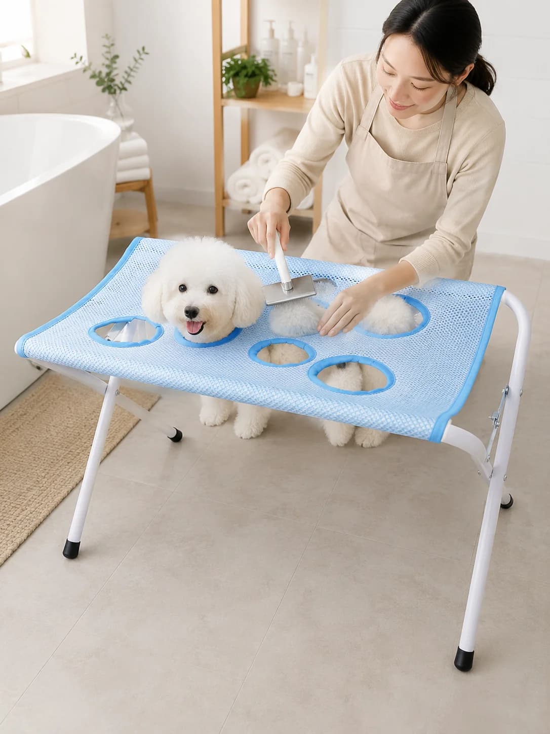 Tavolo Pieghevole per Toelettatura Animali Domestici, Supporto Regolabile per Spazzolare e Bagno di Cani e Gatti, Piattaforma Portatile Antiscivolo Multi-Foro
