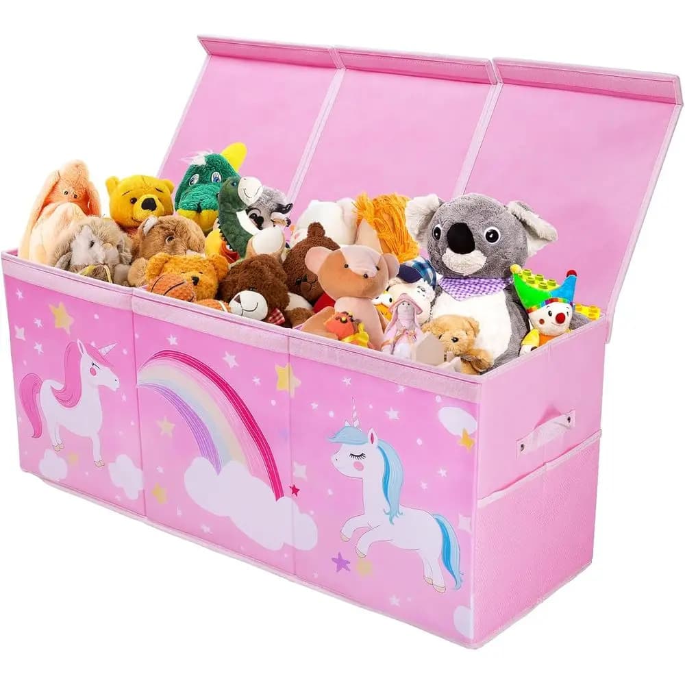 Extra large storage box for toys with tilt cover for children, folding container for toys with mesh handles and baskets, sturdy waterproof storage box for toys