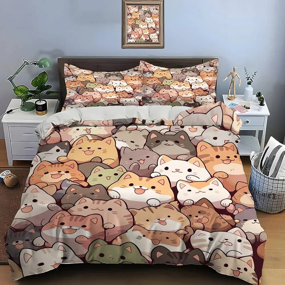 Bed Linen Set with Cartoon Cat Printing, 1 Copripium and 2 Faithful, Luxury Set for Adults and Boys