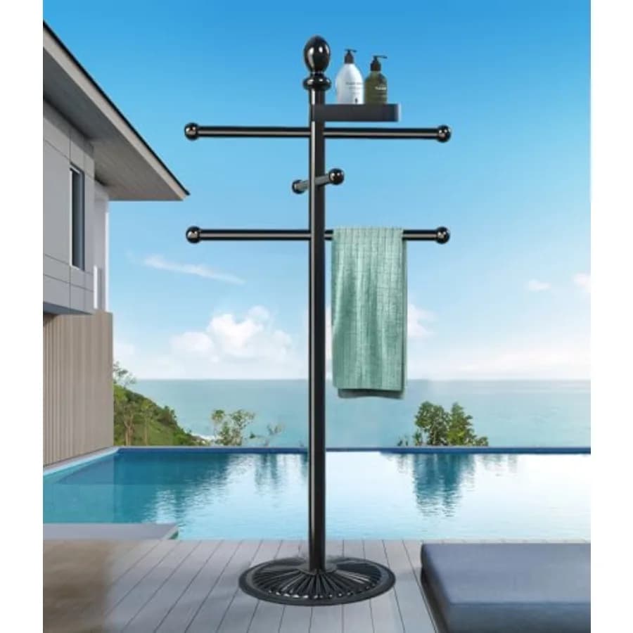 Portasciugamani da piscina per esterni a 6 barre con vassoio superiore, in metallo resistente, base in metallo pesante, accessori per piscina e vasca idromassaggio