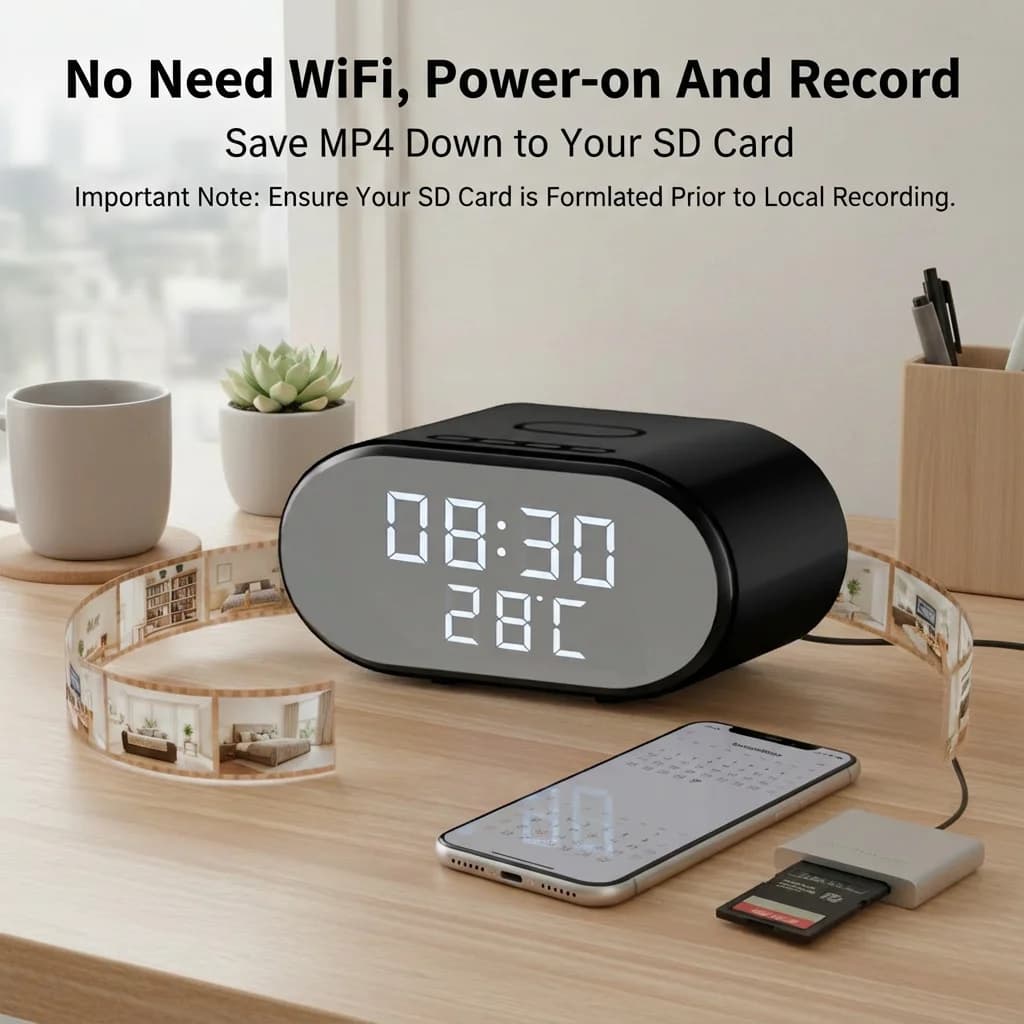 Telecamera WiFi 4K UHD Multifunzione 5-in-1 con Scheda SD da 16GB: Caricatore Wireless, Orologio, Sveglia