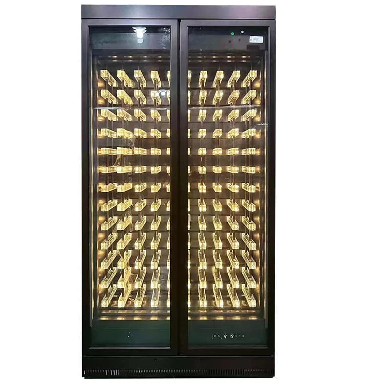 Vetrina per vino a doppia porta in vetro personalizzata per clubhouse, bar da pranzo, portabottiglie luminoso