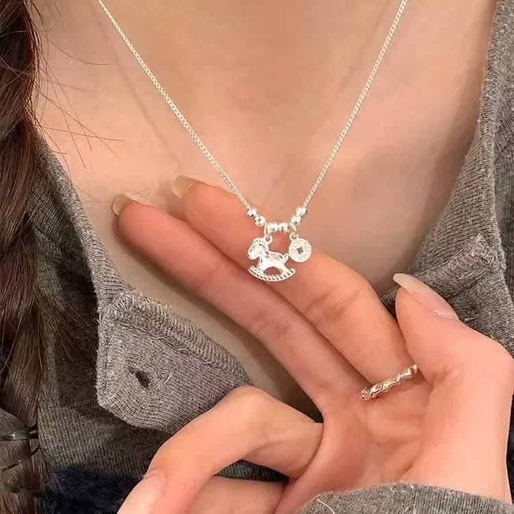 Crushed Ice Trojan Horse Necklace for Women, High-End Light Luxury Unique Design, 2026 Year of the Horse Zodiac Long Sweater Chain