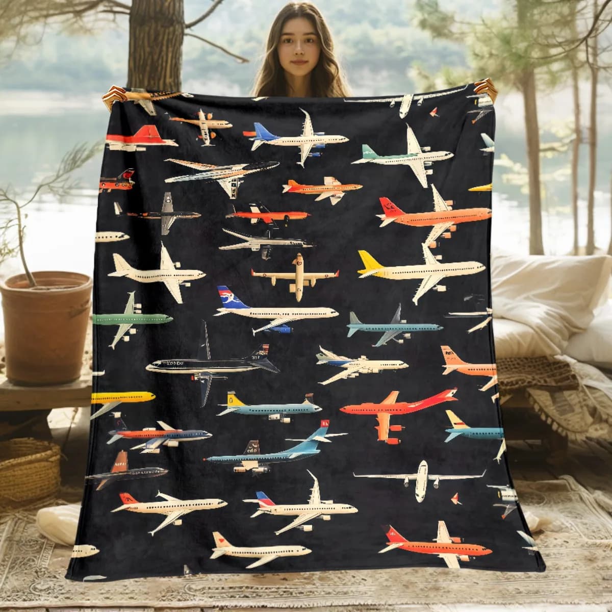 Coperta in flanella con motivo aeroplani colorati, leggera, morbida e calda per divano letto, viaggi, campeggio, ufficio, lavabile in lavatrice