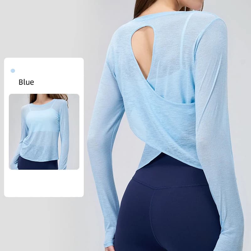 T-shirt da yoga larghe senza schienale da donna T-shirt da yoga sportiva traspirante con colletto tondo estivo a maniche lunghe Top Abbigliamento sportivo femminile