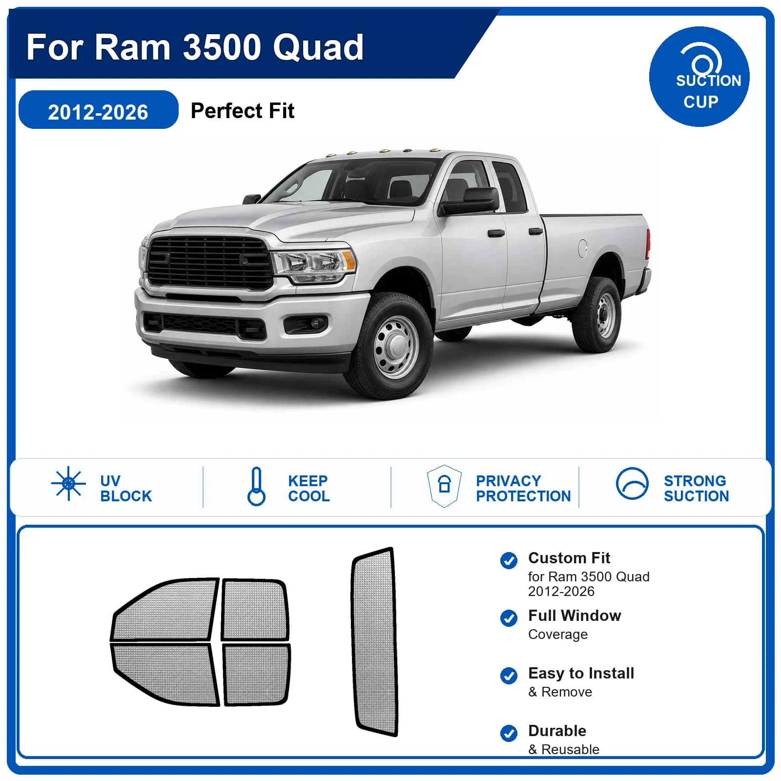 For Ram 3500 Quad 2012-2026 Custom Full Set Windshield Sun Shade Aluminum Foil Heat Insulation Anti UV Foldable