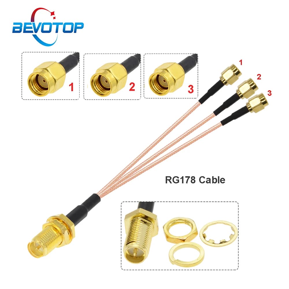 1PCS RP SMA Female to 3 RP SMA Male 1 to 3 Splitter Adapter Cable RG178 Pigtail Jumper WIFI Antenna Extension Coax Cable 15CM 6"