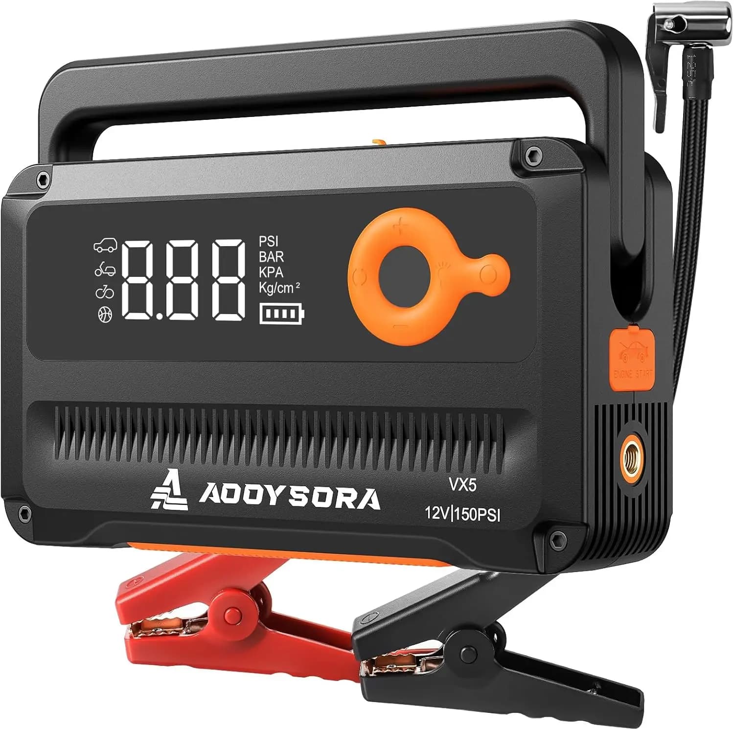 Avviatore di emergenza per auto 9 in 1 6000A 26800mAh con compressore d'aria, 150PSI, spegnimento automatico, torcia elettrica e cavi