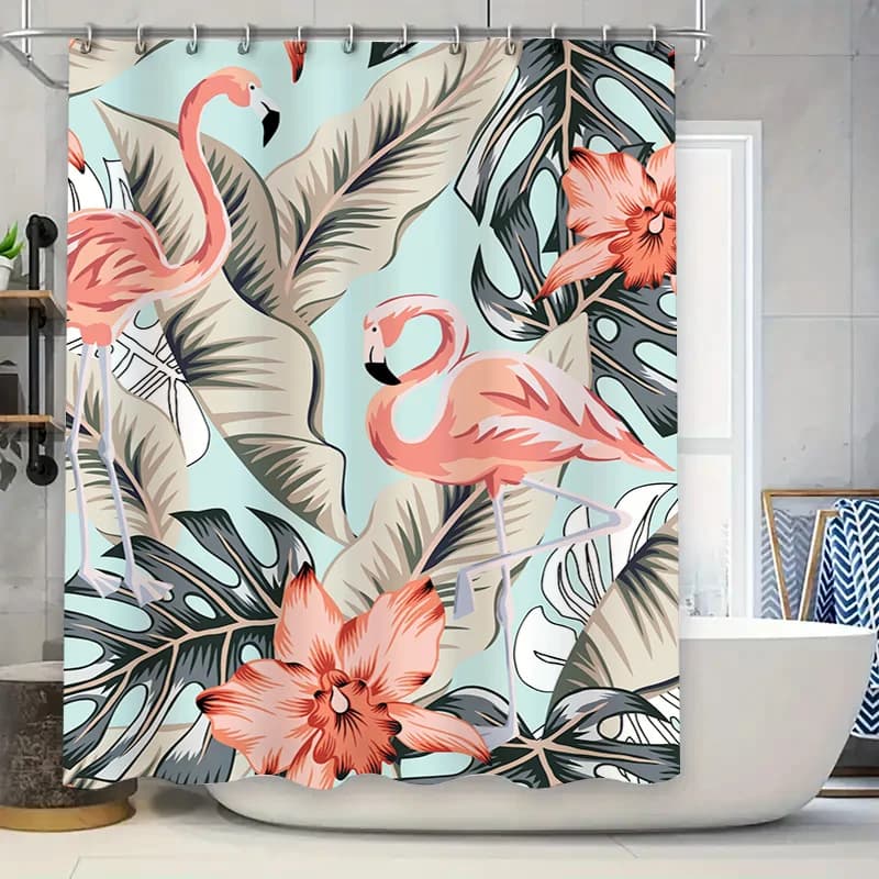 Tenda da doccia con fenicotteri rosa vibranti con foglie tropicali Decora il tuo bagno in stile