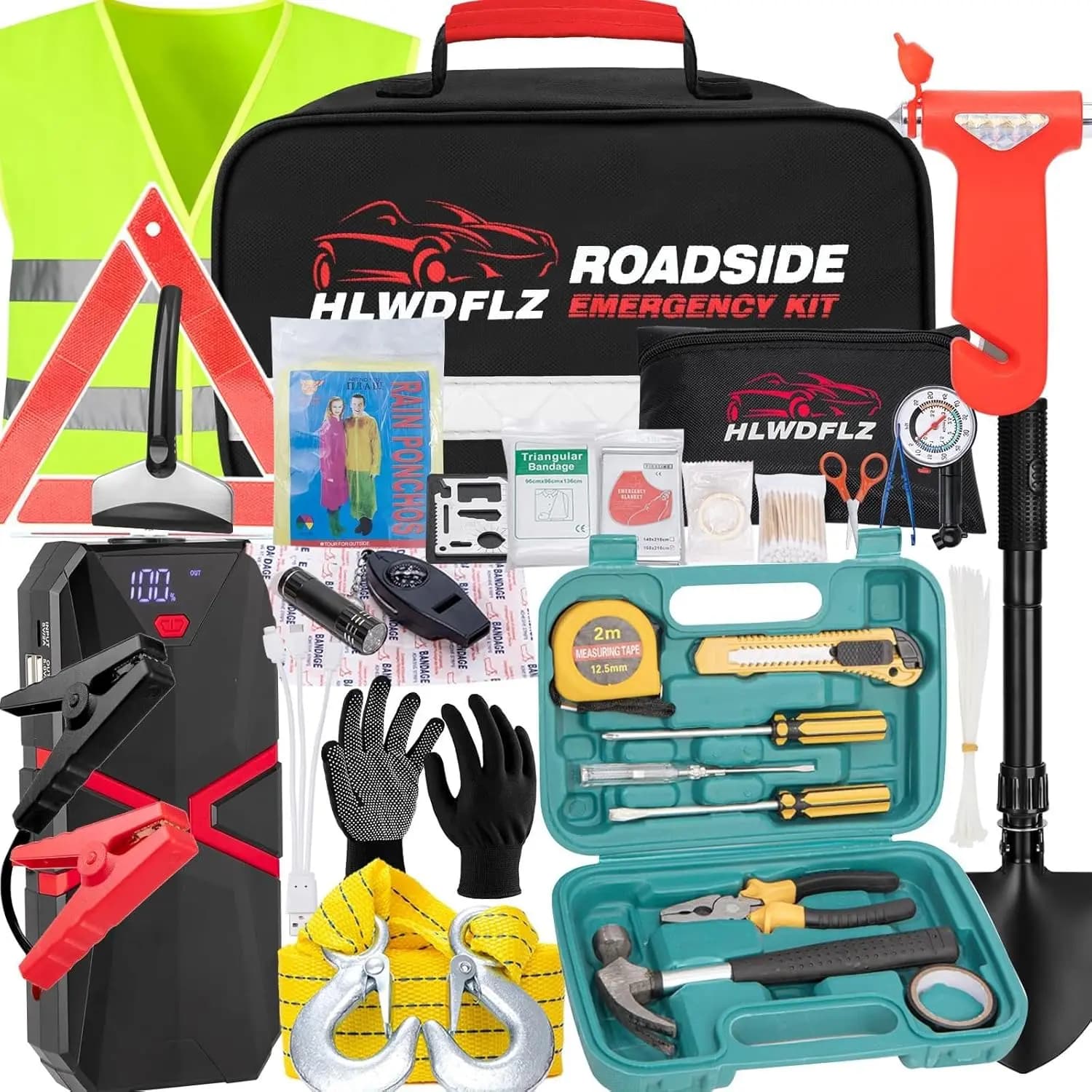 Emergency kit for cars with emergency start from 2000 A, first aid, towing rope, road safety tool