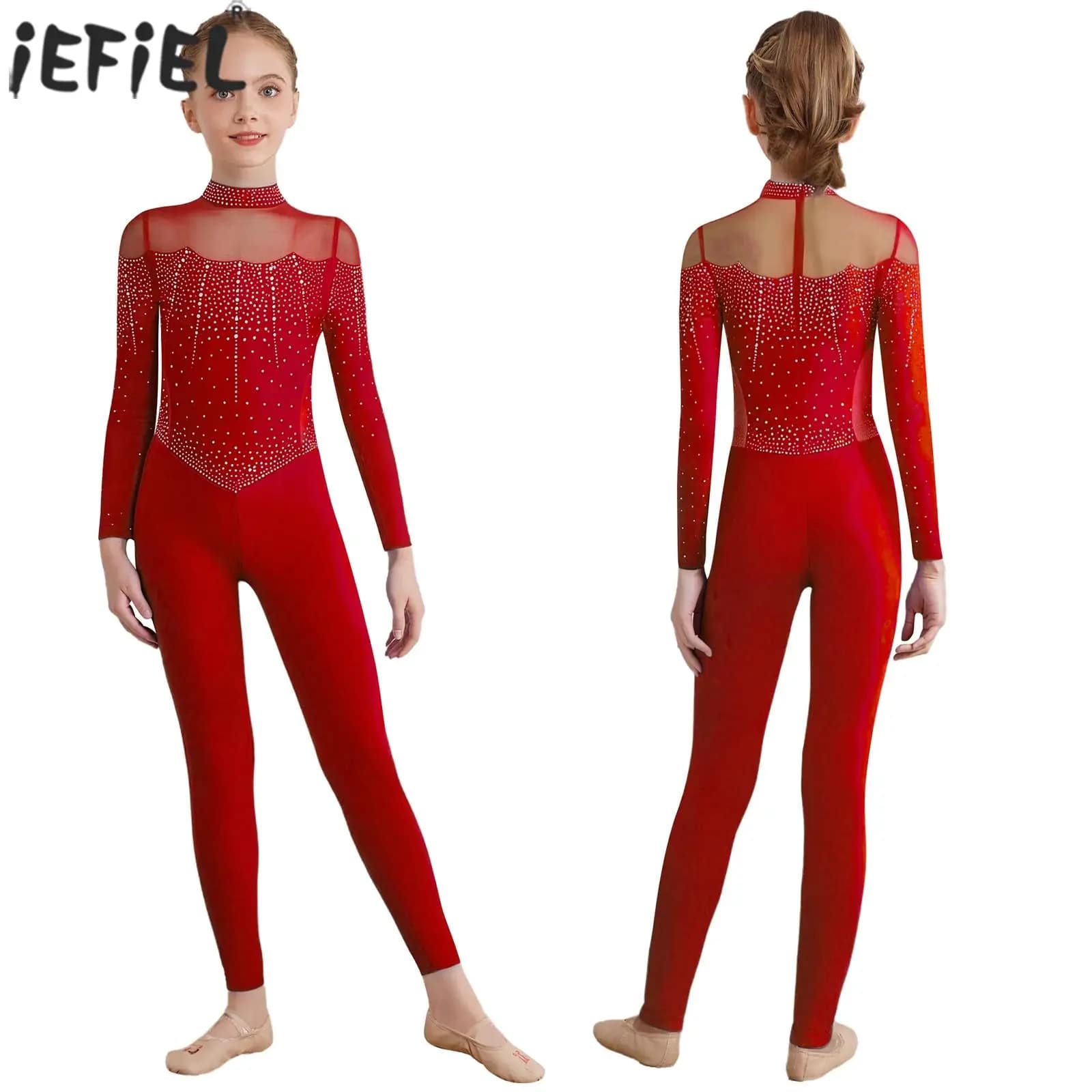Body da ginnastica per ragazze con strass lucidi, manica lunga, maglia trasparente, body intero per balletto, danza, pattinaggio di figura, acrobazie